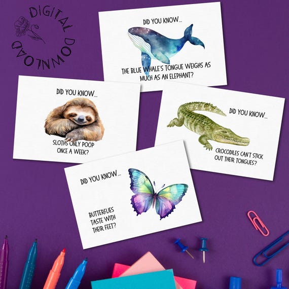 Animal Facts Lunch Box Notes: Watercolor Style Cards (Digital Download)