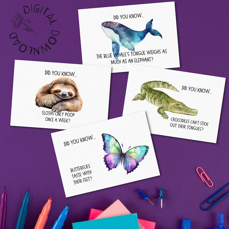 May include: Four colorful cards with fun facts about animals. The cards feature a sloth, a whale, a crocodile, and a butterfly. Each card has the text "Did you know..." followed by a fun fact about the animal.