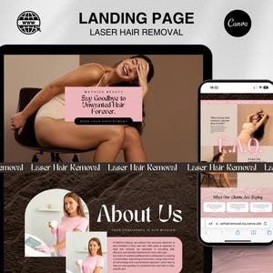May include: A landing page for a laser hair removal business called Mathica Beauty. The page features a woman sitting on a chair, smiling, and a call to action to book an appointment. The page also includes a section about the business and a frequently asked questions section.
