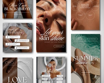 Könnte beinhalten: Eine Collage aus sechs Bildern, die Hautpflegeprodukte und -routinen bewerben. Die Bilder zeigen eine Frau mit strahlender Haut, Text über die Vorteile des Peelings, eine Infografik zu den Essentials einer Hautpflegeroutine und Tipps für die Hautpflege im Sommer. Der Text "Lass deine Haut strahlen" ist auf einem der Bilder zu sehen.