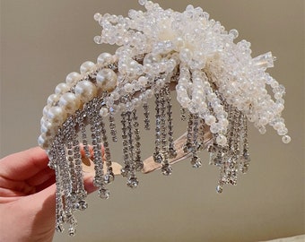French fringe headband Europe and the United States heavy industry imitation pearl crystal handmade hair clip retro French bridal headwear