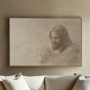 Jesus Leaves the 99 Framed Canvas Art, Neutral Living Room Decor, Lost Sheep, Shepherd, Landscape Beige Art, Large Print, Christian Art #3