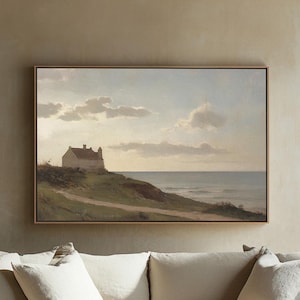 Vintage Coastal Art Painting, Moody Landscape Wall Art, Neutral Living Room Art, Home Decor, Framed House Canvas Print, Farmhouse Decor #19