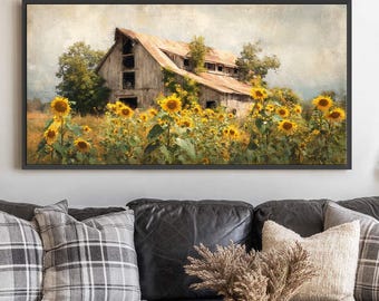 Rustic Sunflower Barn Canvas Art, Vintage Farmhouse Landscape Print