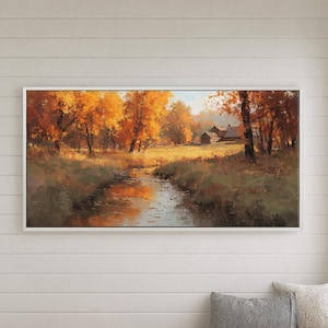Autumn Creek Landscape Canvas Wall Art, Rustic Fall Foliage Print, Country Cabin Decor, Cozy Woodland Scene, Farmhouse Autumn Framed Artwork
