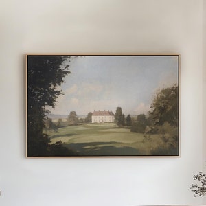 Vintage Countryside House Painting, Moody Landscape Wall Art, Neutral Living Room Art, Home Decor, Framed Canvas Print, Farmhouse Decor #16