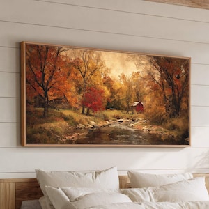 Autumn Red Barn Canvas Wall Art, Rustic Creek Framed Landscape Print, Fall Foliage Farm Scene, Cozy Woodland Decor, Country Home Artwork