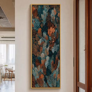 Moody Botanical Abstract Canvas Wall Art, Teal and Terracotta Floral Painting, Modern Nature Artwork, Framed Canvas Art, Lush Leaves Art
