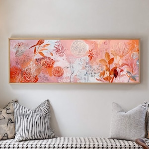 Abstract Botanical Canvas Wall Art, Coral and Terracotta Floral Painting, Warm Boho Nature-Inspired Print, Modern Horizontal Wall Decor