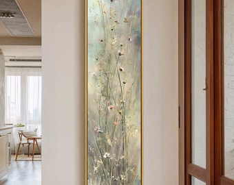 Tall Wildflower Canvas Art, Soft Pastel Botanical Print, Framed Floral Painting