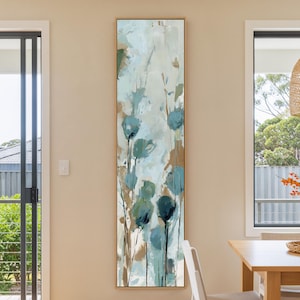 Abstract Botanical Canvas Wall Art, Modern Blue and Green Floral Painting, Minimalist Vertical Nature Artwork, Contemporary Wall Art Print
