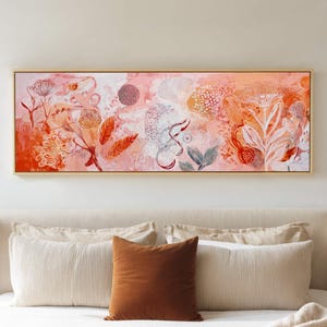 Abstract Botanical Canvas Wall Art, Coral and Blush Floral Painting, Modern Horizontal Flower Print, Bohemian Nature Inspired Wall Decor