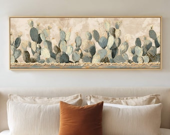 Desert Cactus Wall Art, Southwestern Boho Canvas Print, Neutral Sage Green and Sand Prickly Pear Painting, Modern Rustic Horizontal Artwork