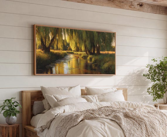 Golden Willow Tree Print, Serene Countryside River Wall Art, Warm Landscape Painting for Rustic Farmhouse or Nature Decor, Rustic Canvas Art