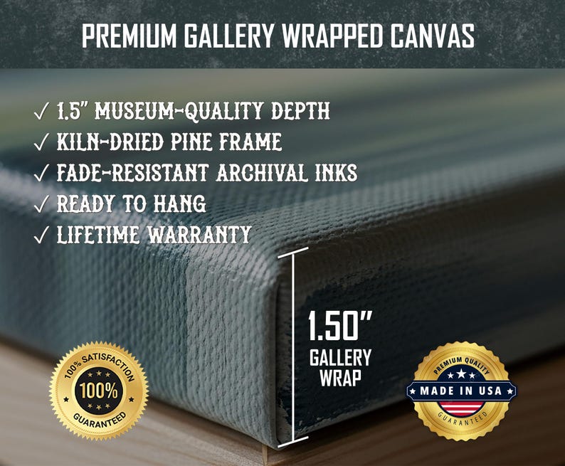 May include: A gallery-wrapped canvas print with a 1.5-inch museum-quality depth. Features include a kiln-dried pine frame, fade-resistant archival inks, and is ready to hang. The image also includes a lifetime warranty and a "Made in USA" seal.
