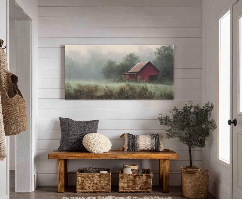 Farmhouse Red Barn Canvas Print, Misty Landscape, Rustic Wall Decor - Etsy