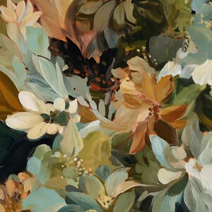 May include: An abstract floral painting with a palette of muted greens, browns, and creams. The artwork features a variety of stylized flowers and foliage, creating a textured and layered composition. The brushstrokes are visible, adding depth and movement to the piece.