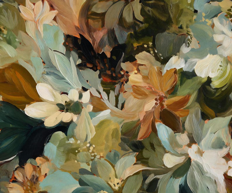 May include: An abstract floral painting with a palette of muted greens, browns, and creams. The artwork features a variety of stylized flowers and foliage, creating a textured and layered composition. The brushstrokes are visible, adding depth and movement to the piece.