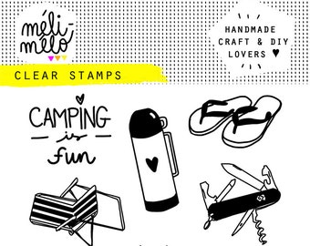 stamp clear camping fun set barbecue bbq relax chair Thermos swiss knife flip-flop summer festival