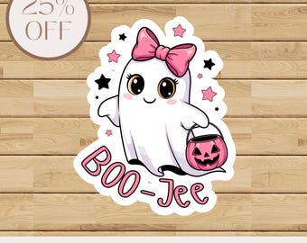 May include: A white ghost sticker with a pink bow, holding a pink jack-o'-lantern bucket. The sticker has the text "BOO-Jee" in pink and is surrounded by pink and black stars. The image also includes a circular label that says "25% OFF".