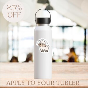 May include: White water bottle with a black cap and handle. A sticker of a cartoon sheep with the text "The Lord is my Shepherd Psalm 23" is on the bottle. The text "25% OFF" is in a circle in the upper left corner.