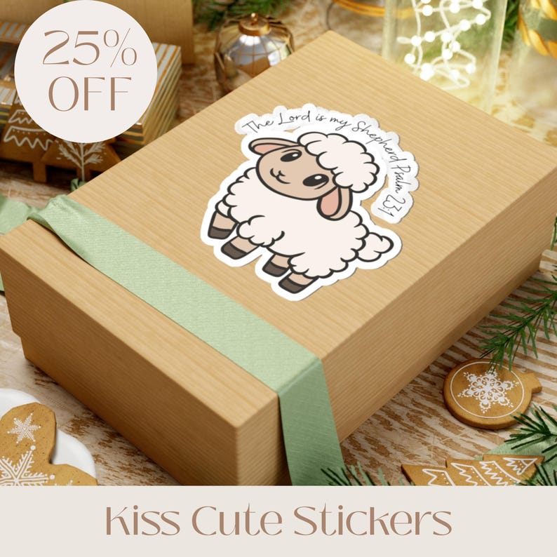 May include: A sticker featuring a cartoon sheep with the text "The Lord is my Shepherd, Psalm 23:1" is placed on a wrapped gift box. The box is tied with a light green ribbon. The words "Kiss Cute Stickers" are at the bottom.
