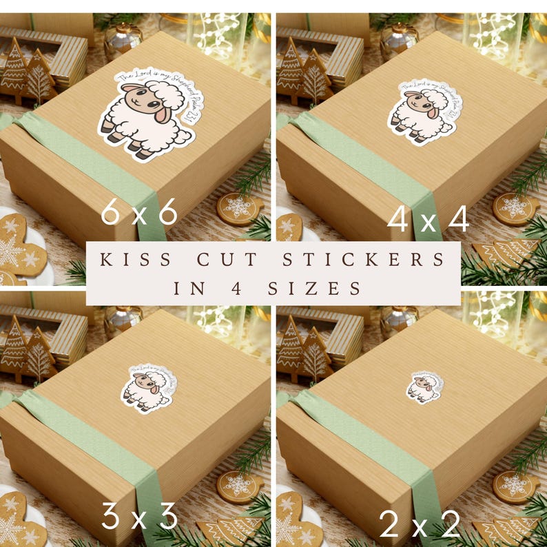 May include: Four square boxes with stickers featuring a cartoon sheep and the text "The Lord is my Shepherd". The boxes are labeled with sizes 6x6, 4x4, 3x3, and 2x2 inches. The text "KISS CUT STICKERS IN 4 SIZES" is also present.