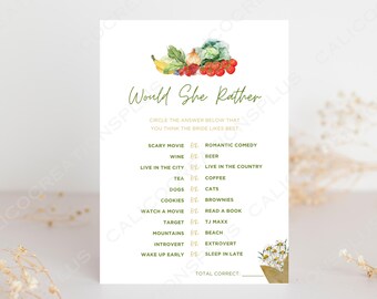 May include: A printable bridal shower game with the title "Would She Rather" and a list of questions for guests to answer about the bride. The game features a green and yellow floral design.