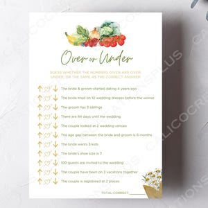 Fresh Off the Market Farmers Market Bridal Shower Games, Over or Under Game Editable Template