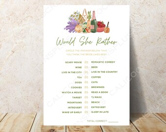 May include: A printable bridal shower game with a floral and boho theme. The game is called "Would She Rather" and asks guests to circle the answer they think the bride would prefer. The game includes questions like "Scary Movie or Romantic Comedy?" and "Wine or Beer?"