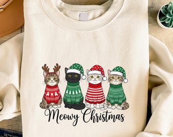 Meowy Christmas Shirt, Cat Christmas Sweatshirt, Cat Lover Xmas T-Shirt, Christmas Cat Mom Sweater, Catmas Gift For New Year, Xmas Crewneck