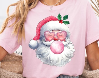 Blowing Bubble Christmas Shirt, Santa Girls Christmas Shirt, Bubble Gum Christmas Shirt,Christmas Pink Santa Toddler Shirt, Christmas Shirt