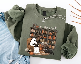Retro Ghost Reading Books Sweatshirt, Halloween Teacher Sweatshirt, Halloween Shirt, Teacher Gift, Boo School,  Librarian Ghost Halloween