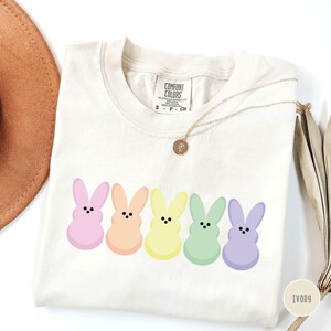 以下が含まれることがあります： アイボリー色のTシャツ。ピンク、ピーチ、イエロー、グリーン、パープルのパステルカラーのウサギの漫画のキャラクターが5匹描かれています。クルーネックと半袖。ペンダント付きのゴールドネックレスがTシャツの上にかけられています。