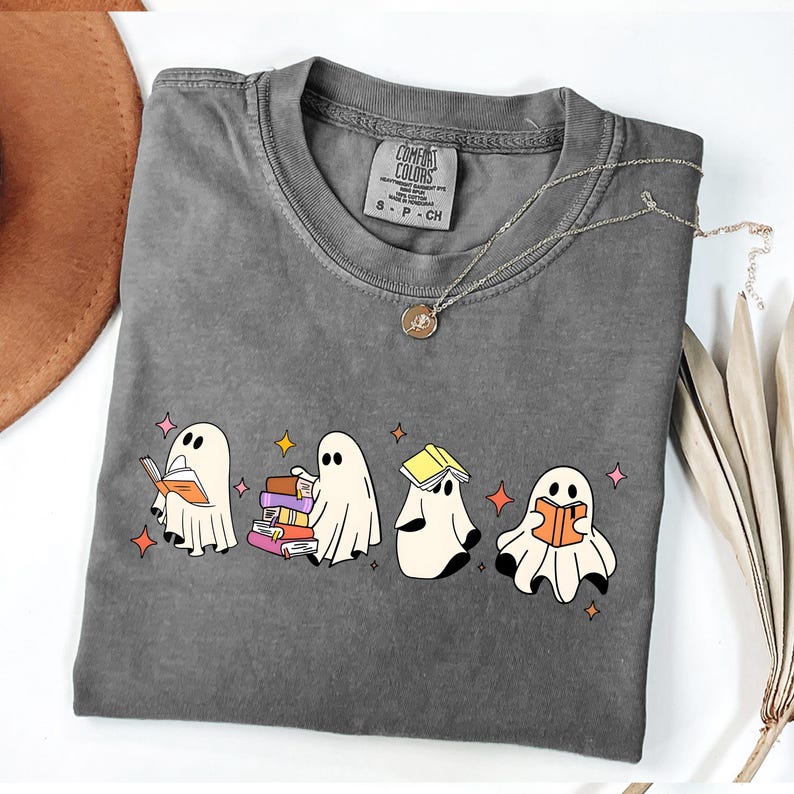 Comfort Colors® Ghost Reading Books Shirt, Bookish Halloween Shirt, Teacher Librarian Halloween Gift, Halloween Book Lover, Halloween School Cute Ghost Reading Book Halloween Tshirt, Ghost Reading Book Girly Shirt, Ghost Girly Halloween Gift, Trendy Halloween Gift