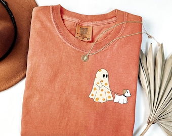 Comfort Colors Ghost Walking Dog Halloween Shirt,Сute Ghost Dog Shirt, Dog Lovers Halloween Gift, Halloween Dog Shirt,Womens Halloween Shirt