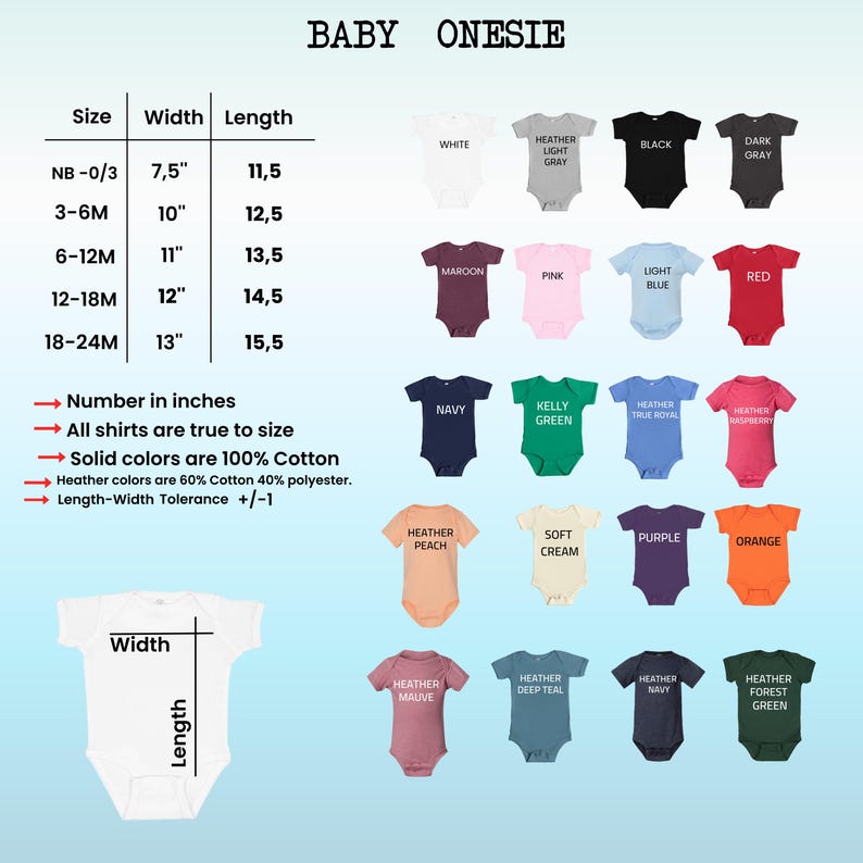 The image is a collection of baby onesies in various colors and sizes, along with a table providing size and width information.