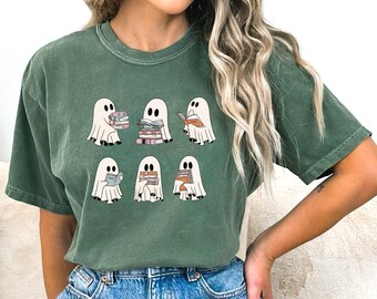 Comfort Colors Ghost Reading Shirt: Bookish Halloween Teacher Tee