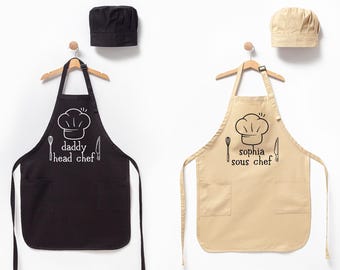 Personalised Child and Adult Name Apron,Cute matching apron with names,Personalised head chef sous chef,Father&#39;s Day gift,Daddy son daughter