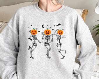 Dancing Skeleton Pumpkin Sweatshirt, Retro Halloween Shirt,Womens Halloween Shirt,Skeleton Fall Halloween,Spooky Season Sweatshirt,Halloween