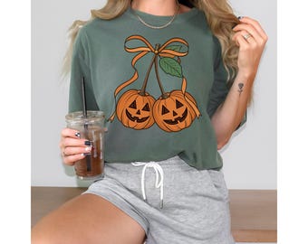 Comfort Colors Pumpkin Cherries Shirt: Girly Fall Halloween Tee