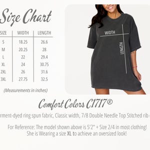 The image is a size chart for a black t-shirt, with measurements in inches and a model wearing the size.