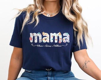 Floral Mama T-Shirt, Mama Floral Shirt, Personalized Mom Shirt With Kids Names, Gift For Mom,Mother's Day Shirt,Custom Kid's Names Mom Shirt