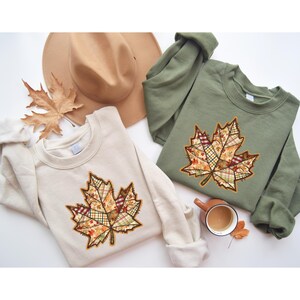 Retro Faux Patchwork Fall Leaf Sweatshirt, Fall Pumpkin Shirt, Spooky Season Sweater, Cozy Cute Women Outfit, Cozy Fall Gift