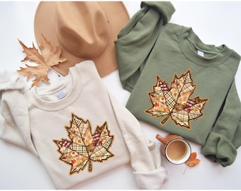 Retro Faux Patchwork Fall Leaf Sweatshirt, Fall Pumpkin Shirt, Spooky Season Sweater, Cozy Cute Women Outfit, Cozy Fall Gift