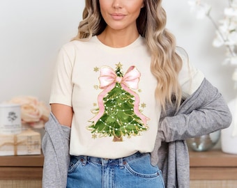 Christmas Tree Bow Shirt, Christmas Sweatshirt for Women, Christmas Tree Tshirt, Christmas Coquette Christmas Shirt, Christmas Tree Shirt