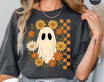 Comfort Colors Checkered Ghost Shirt: Halloween Floral Tee