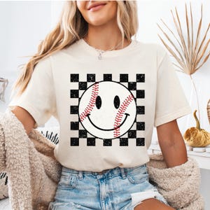 Happy Face Checkered Baseball Shirt, Retro Baseball Game Day Shirt, Baseball Shirt, Baseball Mom Shirt, Baseball Fan Shirt, Sports Mom Shirt
