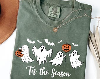 Comfort Colors® Vintage Halloween  T Shirt | Retro 'Tis The Season Skeleton Pumpkin Ghost Halloween TShirt, Halloween Shirt, Women's Shirt