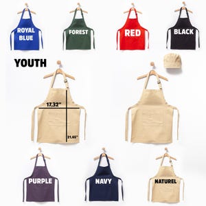May include: A set of 10 youth-sized aprons in various colors, including royal blue, forest green, red, black, purple, navy, and natural. The aprons are 17.32 inches tall and 21.65 inches wide. The aprons have a pocket on the front and adjustable straps.